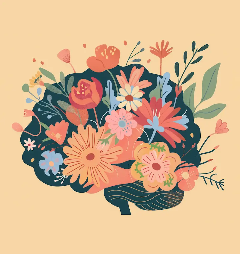 Illustration d'un cerveau rempli de motifs de fleurs, à l'image des bienfaits que le coaching apporte à l'esprit
